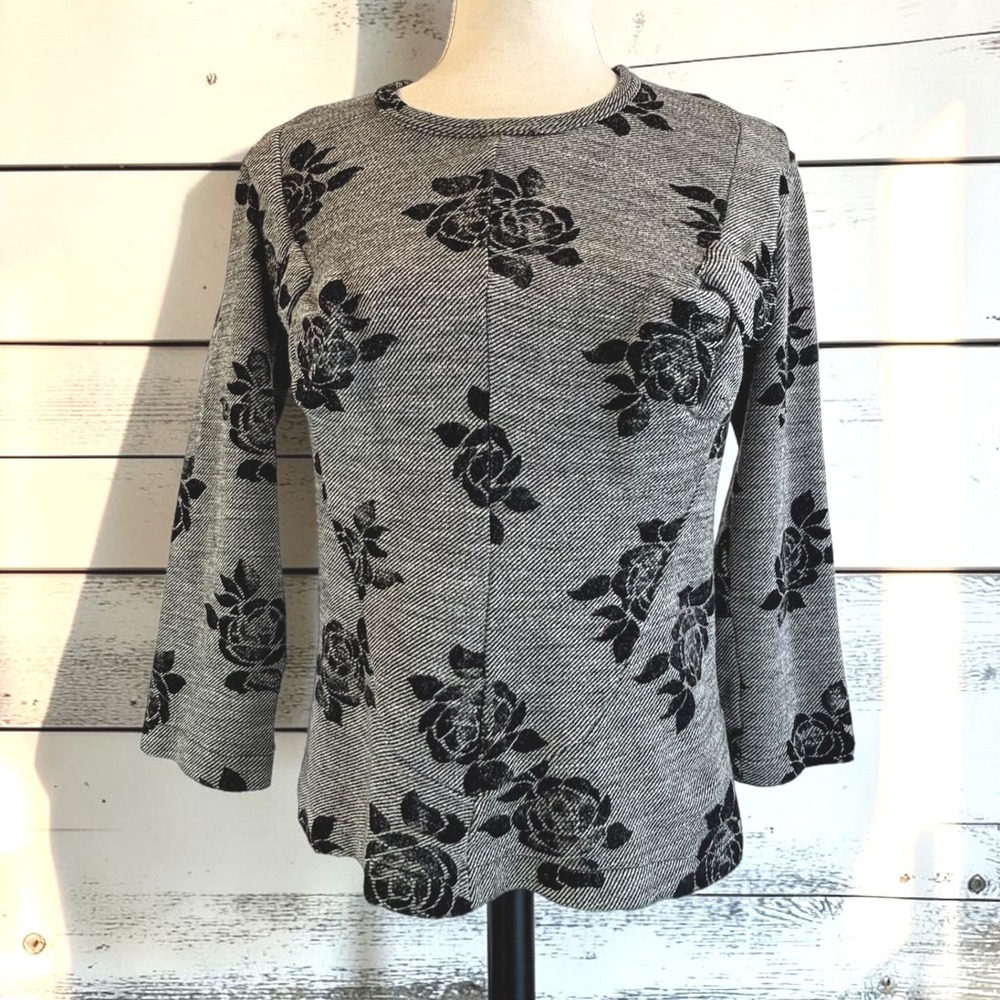 Comme des Garcons 100% Wool Top M Grey Black Striped Flocked Rose Junya Watanabe
